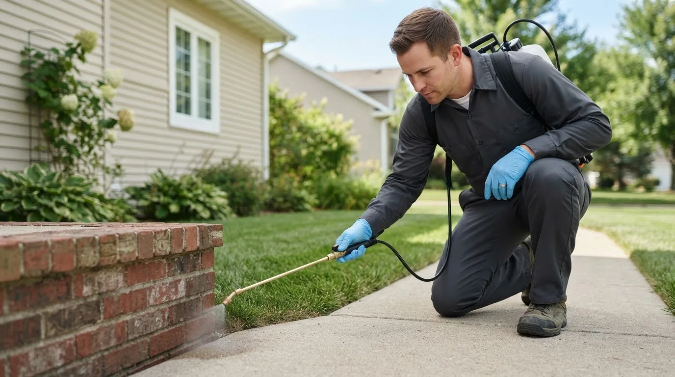 Pest control technician treating a home near Grand Forks, ND
