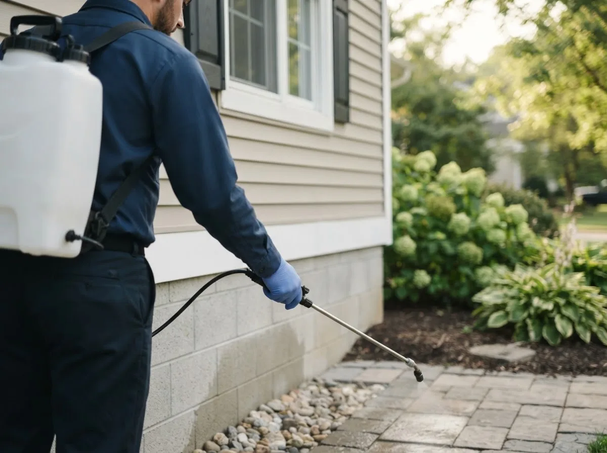 Pest control technician inspecting a home in Grand Forks, ND